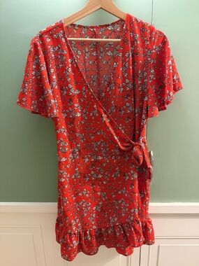 Amazon Red Floral Wrap Mini Dress with White Accents